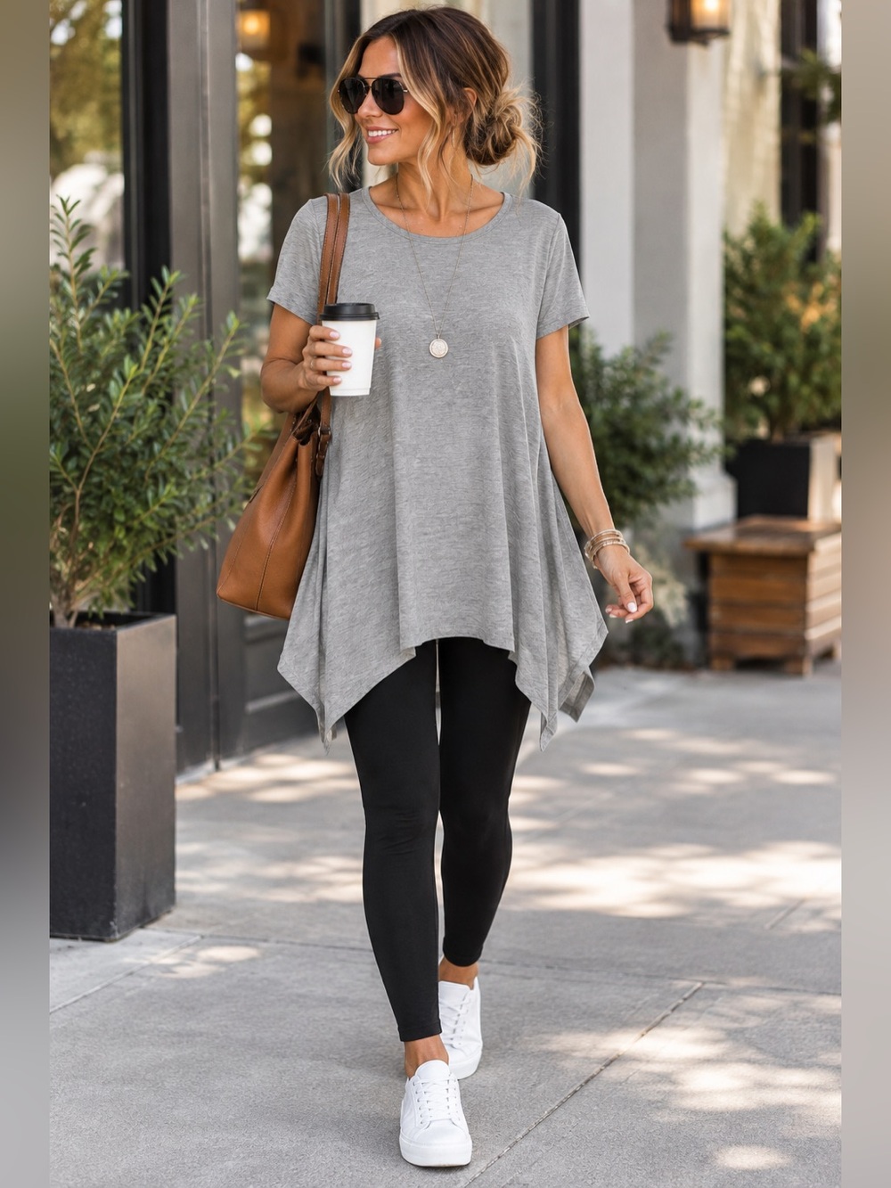 dy L/XL Gray Flowy Sharkbite Hem Tunic Top Rayon Stretch Boho